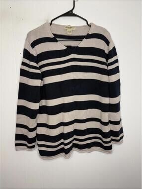 Vintage Eddie Bauer Sweater Womens L Heavy Cotton Striped Fisherman Rolled Hem
